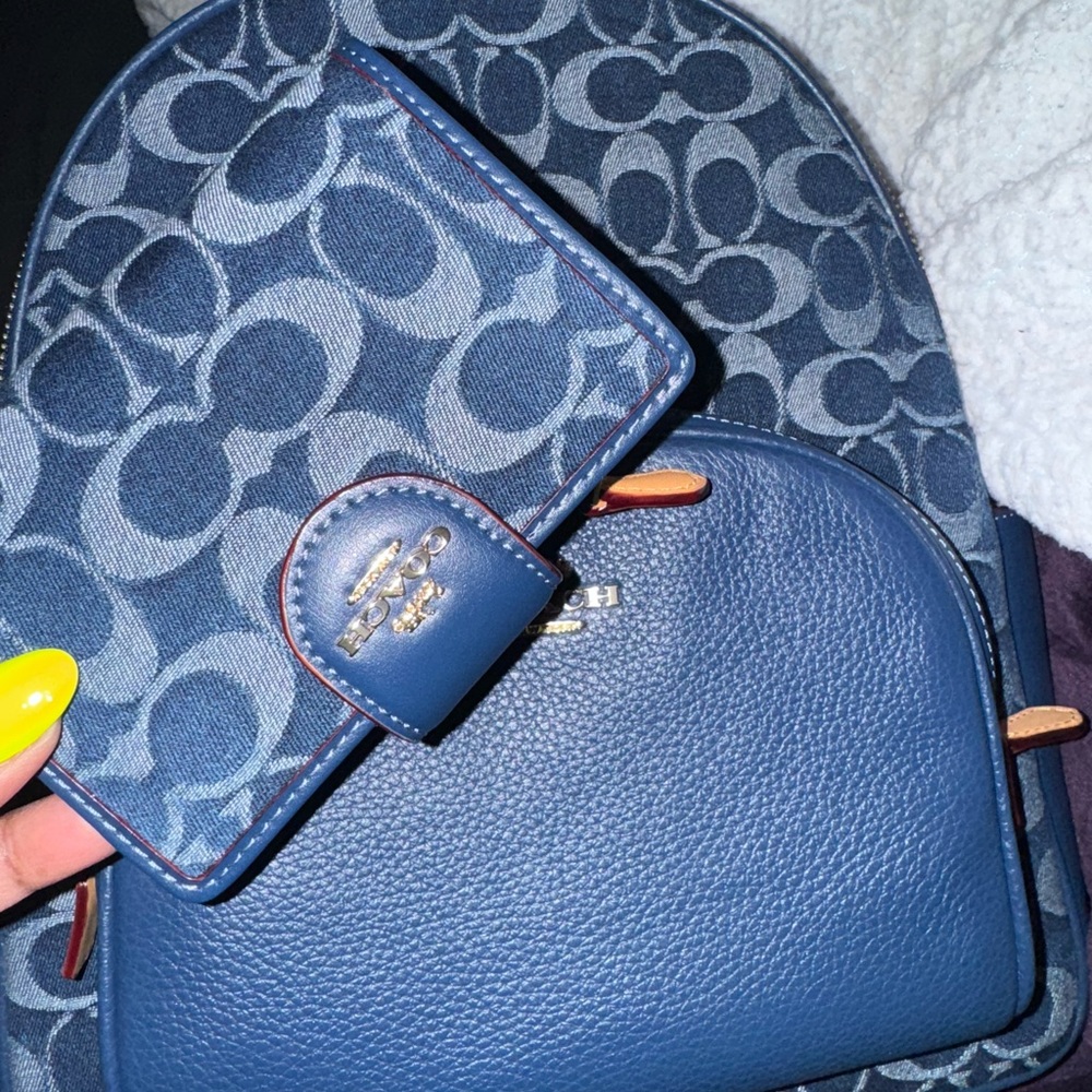 Coach Court Large Signature Blue Wallet and Pouch Set